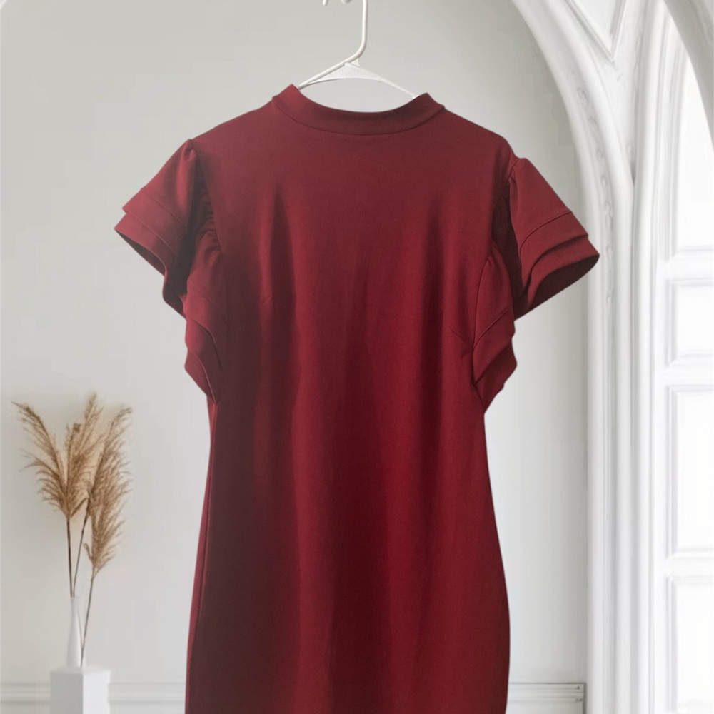 Red Ruffled Blouse with Mandarin Collar